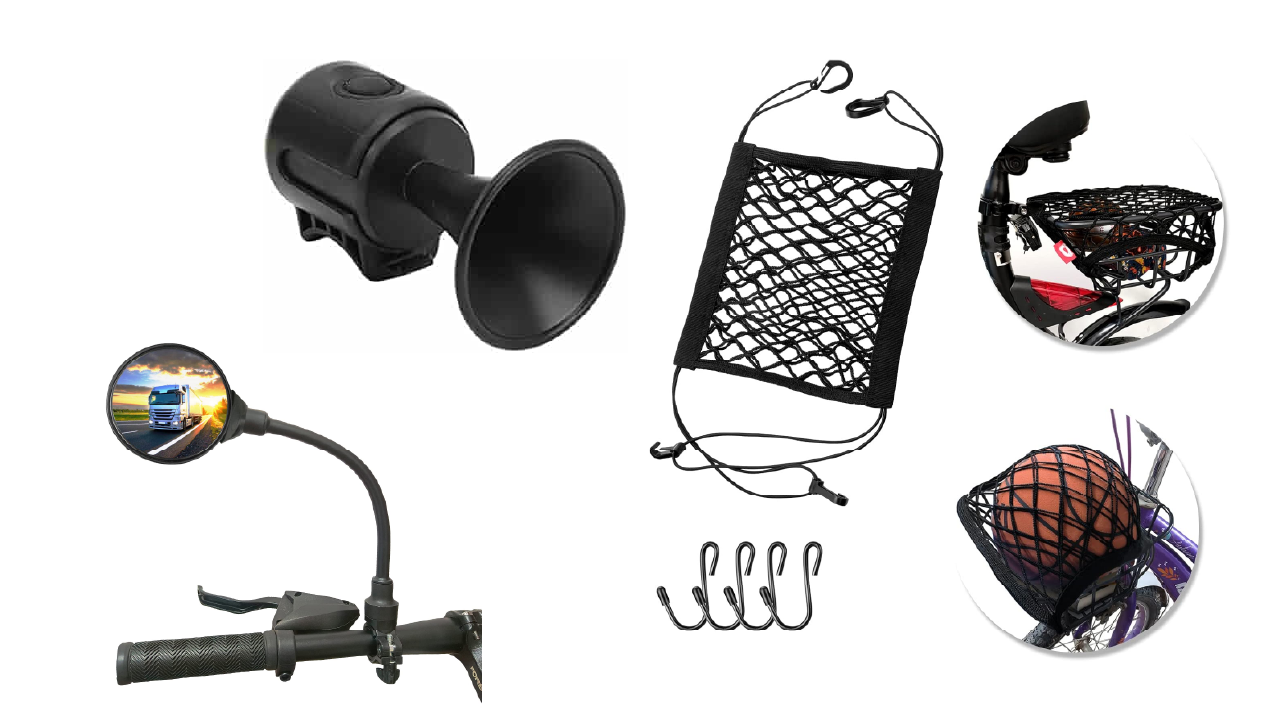 Bell or horn, Mirror, Cargo net for electric scooters